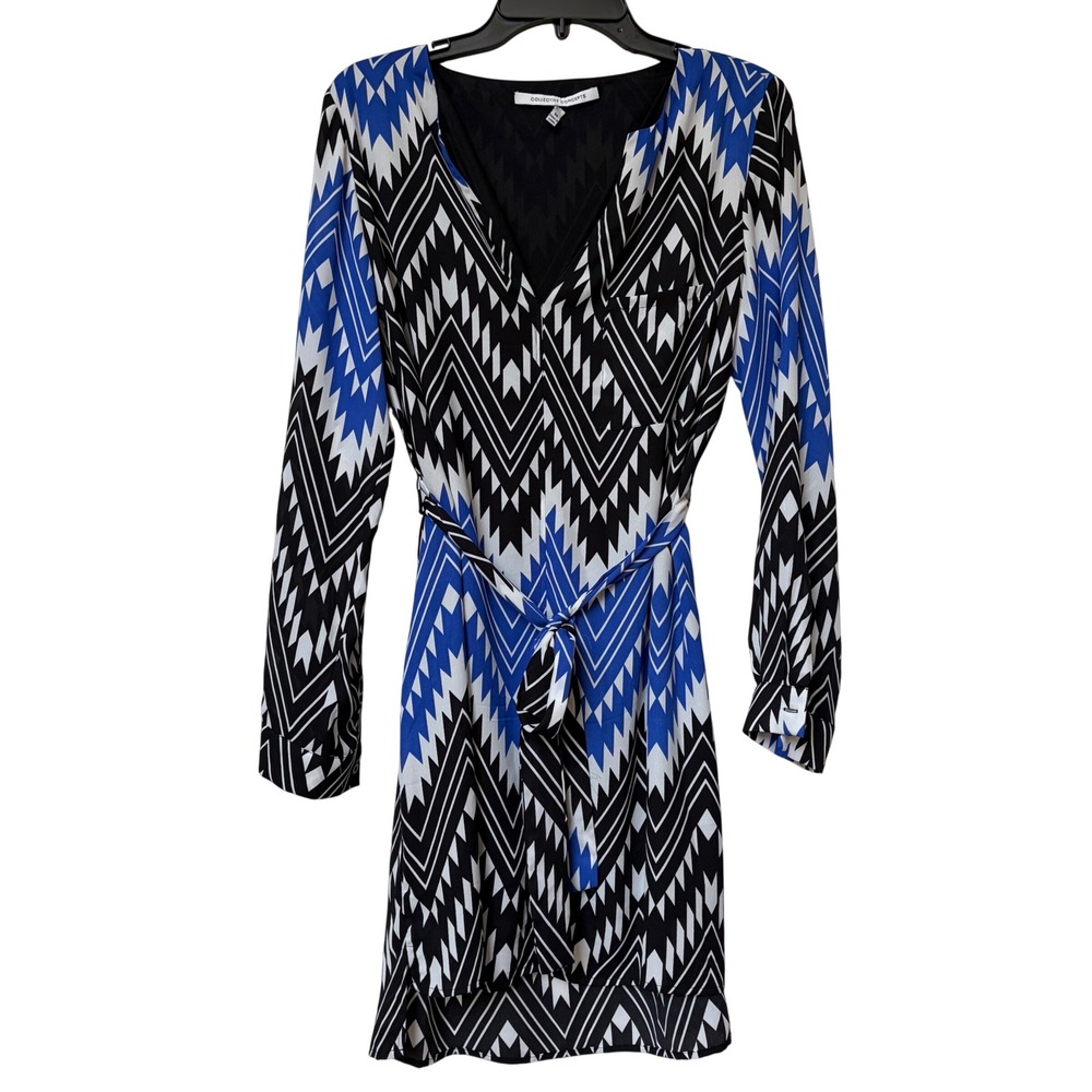 Collective Concepts Blue Black Geometric Chevron V-Neck Belted Shift Dress M